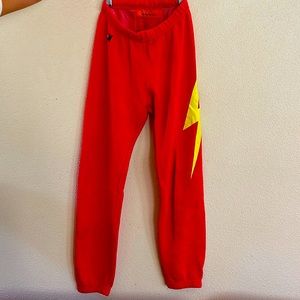 Aviator Nation Red Bolt Sweatpants with Neon Yellow Bolt Size XS